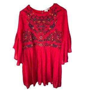 Umgee Women's M Red Floral Embroidered Boho Peasant Dress Knee Length
